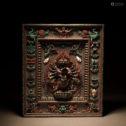 A bronze inlaid buddha hanging panel