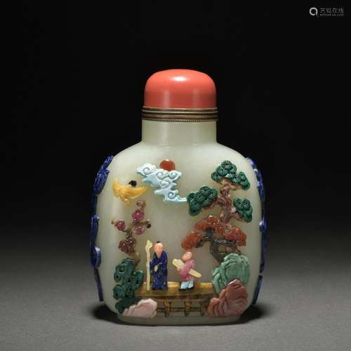 A jade inlaid 'figure and poems' snuff bottle