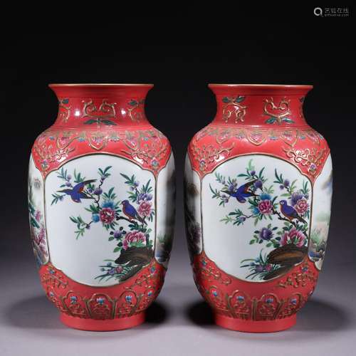 A pair of famille-rose 'floral and birds' vase