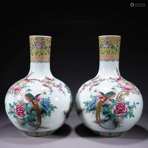 A pair of famille-rose 'floral and birds' vase