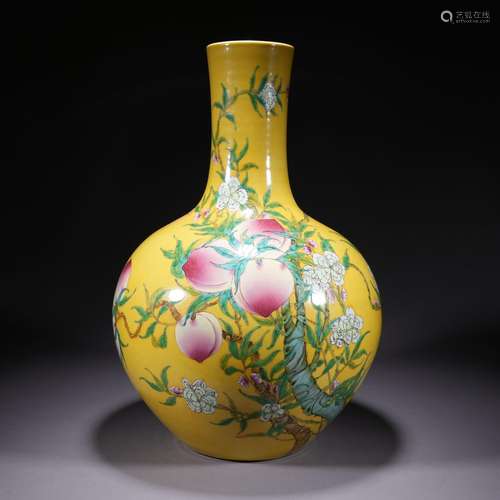 A yellow ground famille-rose 'peach' globular vase