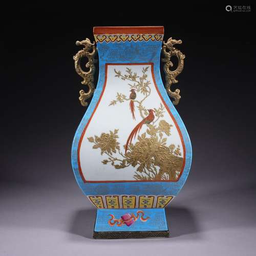 A famille-rose 'floral and birds' vase painting in gold