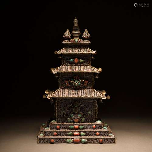 A silver inlaid pagoda