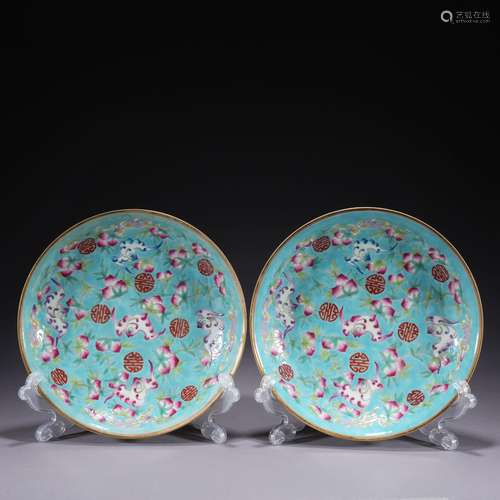 A pair of enamel 'peach and bats' dish