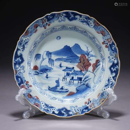 An underglaze-blue and copper-red 'landscape and figure' dis...