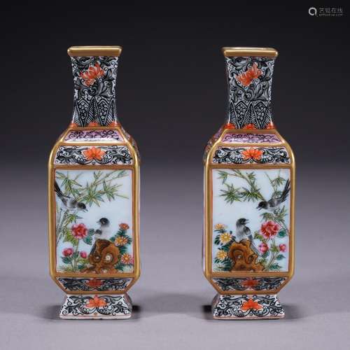 A pair of enamel 'floral and birds' vase painting in gold