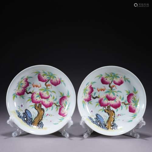 A pair of enamel 'peach and bats' dish