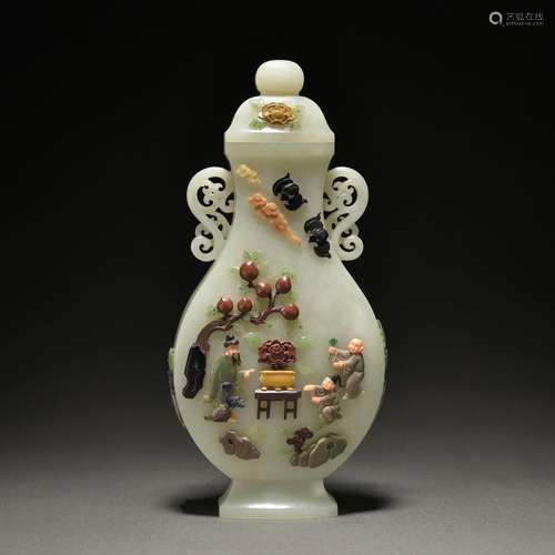 A jade inlaid 'figure' vase and cover