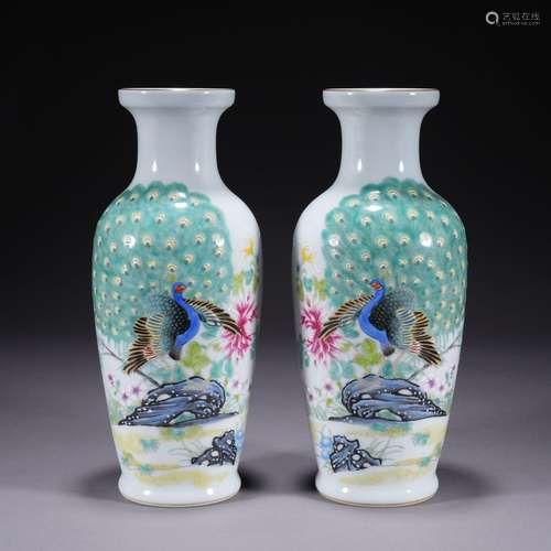 A pair of enamel 'floral and birds' vase