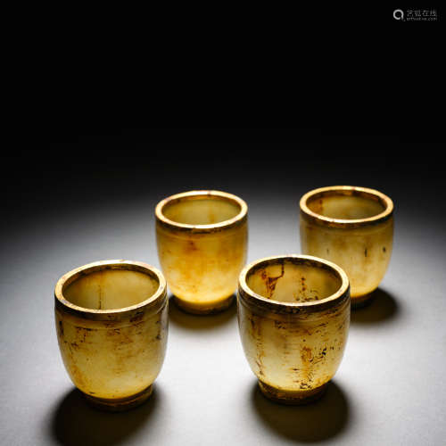 Four Pre-Ming Dynasty Hetian Jade Cups with Gold and Rui Bea...