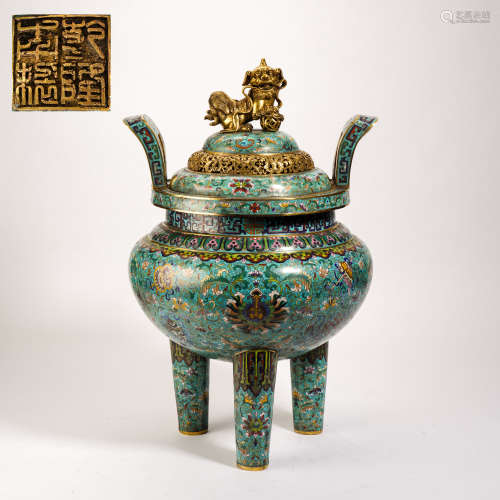 Qing Dynasty Cloisonné Lion Button Eight Treasures Double Ea...