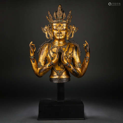Gilt Bronze Four-Armed Avalokitesvara Statue, Qing Dynasty