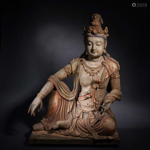 A Clay Sculpture and Painted Avalokitesvara Seated Statue Wo...