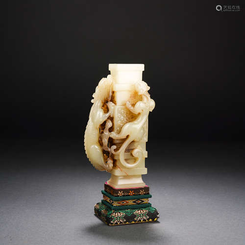 Qing Dynasty Hetian Jade Embossed Chilong Pattern Square Vas...