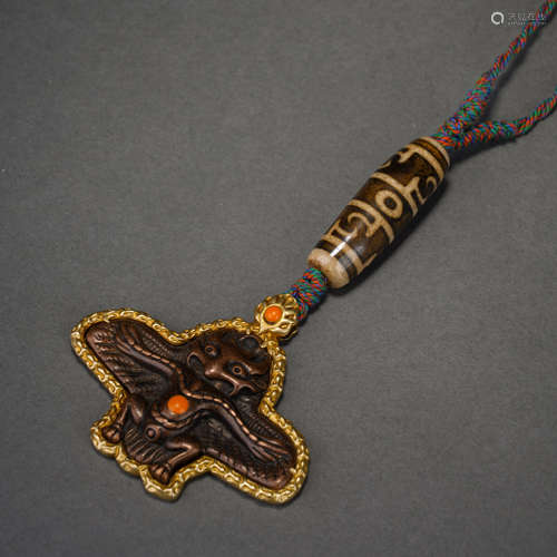 Bronze Dapeng Bird Necklace Inlaid with Dzi Beads