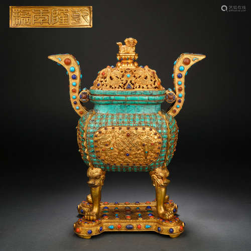 A Gilt Bronze Furnace with Eight Treasures and Lion Buttons ...