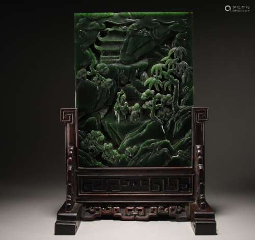 Qing Dynasty Hetian jasper landscape figure poetry insert sc...