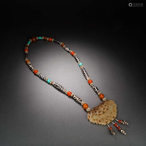 Qing Dynasty Hetian Jade Plaque with Inlaid Dzi Beads and Mu...