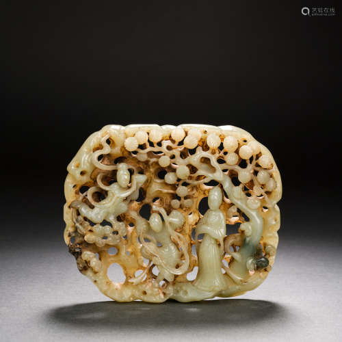 Pre-Ming Dynasty Hetian Jade Plaque Ornament with Flying Aps...