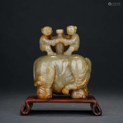 Qing Dynasty Hetian Jade Boy Elephant Ornament