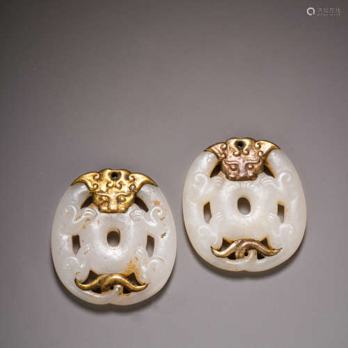 Pre-Ming Dynasty Hetian Jade Inlaid Pure Gold Auspicious Ani...