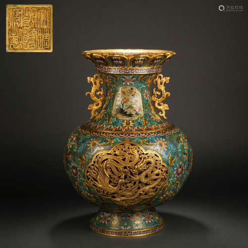 Qing Dynasty Cloisonne Hollow Dragon and Phoenix Pattern Amp...