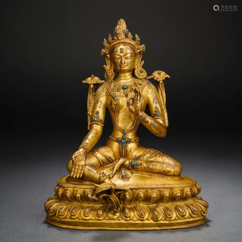 Qing Dynasty Gilt Bronze Statue of Tara with Inlaid Turquois...