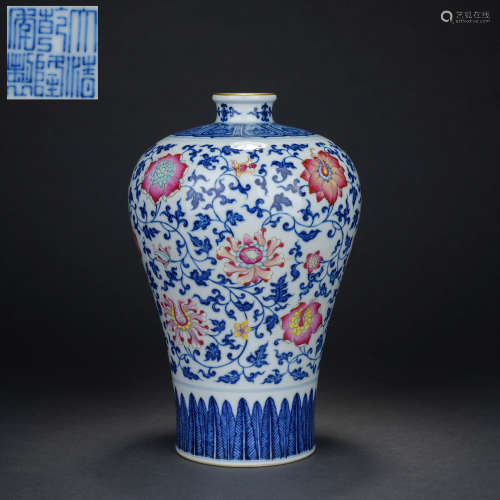 Qing Dynasty Blue and White Pastel Flower Plum Vase