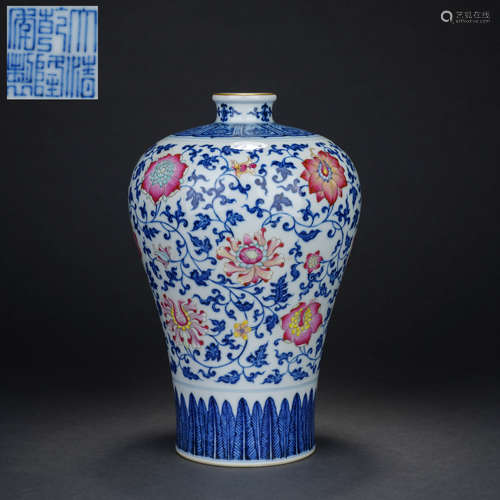 Qing Dynasty Blue and White Pastel Flower Plum Vase