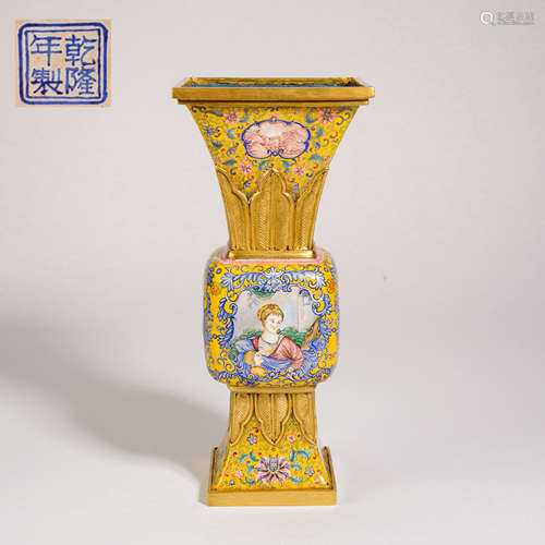 Qing Dynasty Bronze Body Painted Enamel Western Figure Flowe...