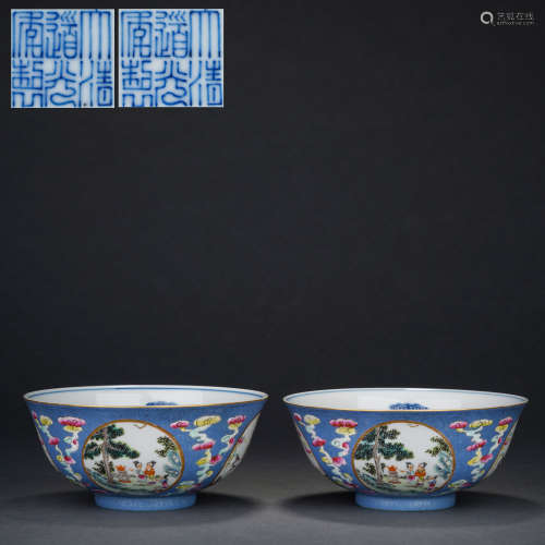A Pair of Blue and White Pastel Character Story Bowls, Qing ...
