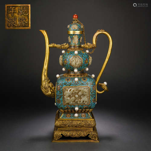 Qing Dynasty Cloisonne Inlaid Hetian Jade Treasure Holding E...