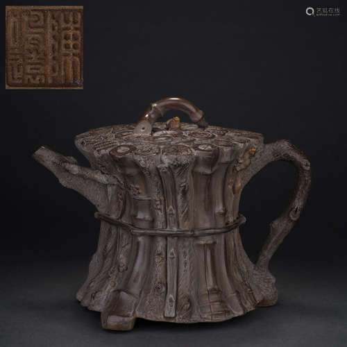 Chen Mingyuan Zisha teapot with bamboo joints and animal pat...