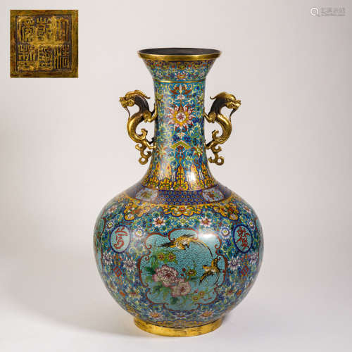 Qing Dynasty Cloisonne Blooming Wealth Dragon Ear Vase