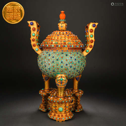 Qing Dynasty Gilt Bronze Furnace with Two Ears Inlaid with T...