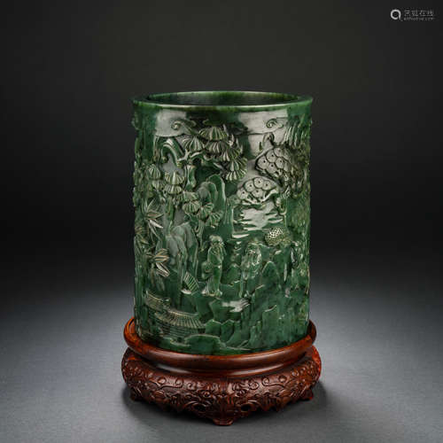 Qing Dynasty Jasper Landscape Figure Pen Holder