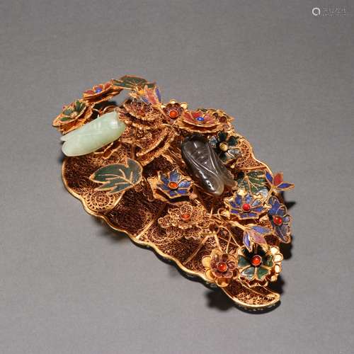 A Silver Gilt Roasted Blue Leaf Famous Ornament, Qing Dynast...