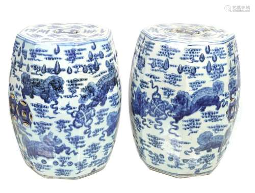 PAIR OF CHINESE BLUE & WHITE PATIO SEATS
