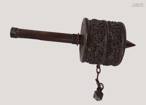 19TH-CENTURY TIBETAN BRONZED PRAYER WHEEL