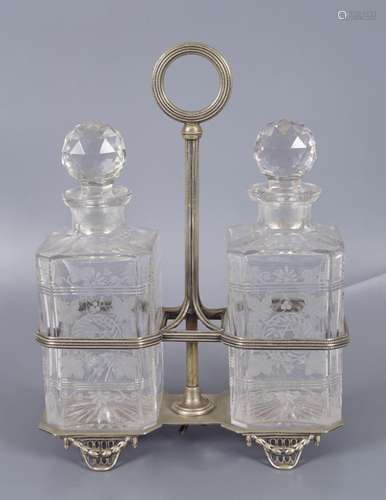 PAIR 19TH-CENTURY ENGRAVED GLASS DECANTERS