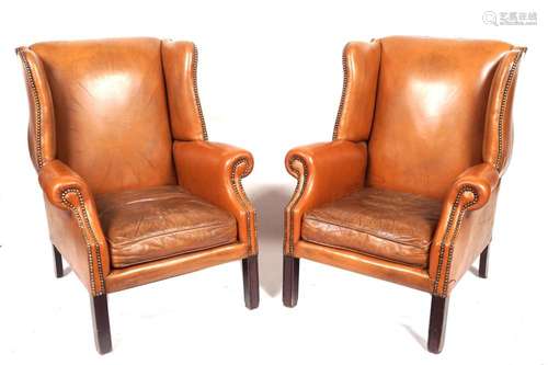 PAIR OF DUBLIN LEATHER WINGBACK ARMCHAIRS