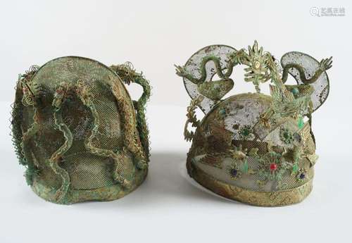 2 CHINESE CEREMONIAL BRONZE WIRE HELMETS