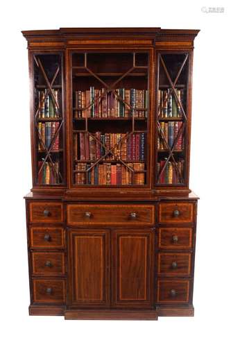 19TH-CENTURY INLAID MAHOGANY BREAKFRONT BOOKCASE