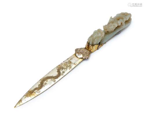 A CHINESE SILVER & JADE LETTER OPENER, QING DYNASTY (164...