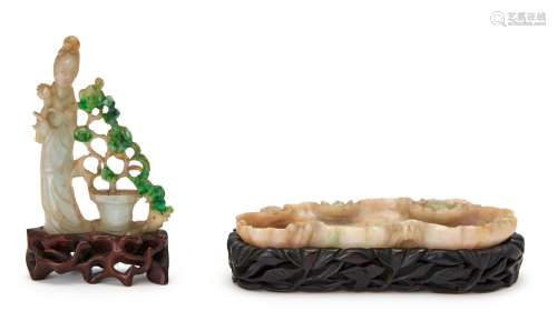 A CHINESE JADE BRUSH WASHER AND A GUANYIN, QING DYNASTY (164...