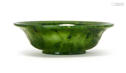 AN ENGRAVED CHINESE SPINACH JADE BOWL, QING DYNASTY (1644-19...
