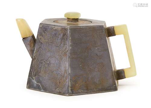 A CHINESE YIXING PEWTER & JADE ENCASED TEAPOT,19TH CENTU...