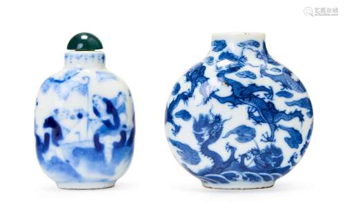 TWO CHINESE BLUE & WHITE SNUFF BOTTLES, 18TH CENTURY, QI...