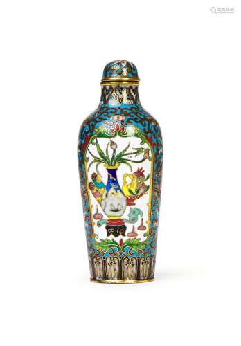 A CHINESE CLOISONNE SNUFF BOTTLE WITH FOUR CHARACTER QIANLON...