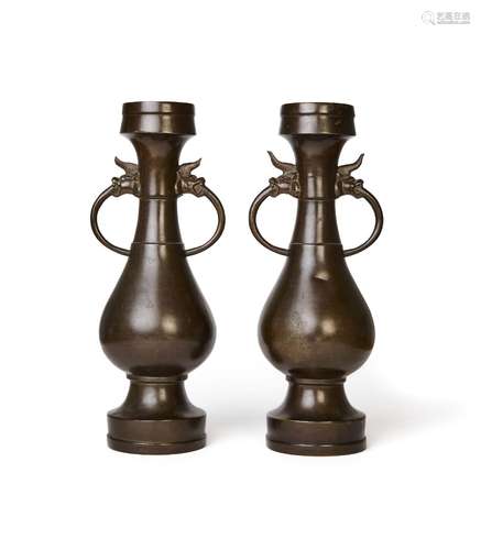 A PAIR OF CHINESE BRONZE ARCHAIC STYLE HU VASES, QING DYNAST...